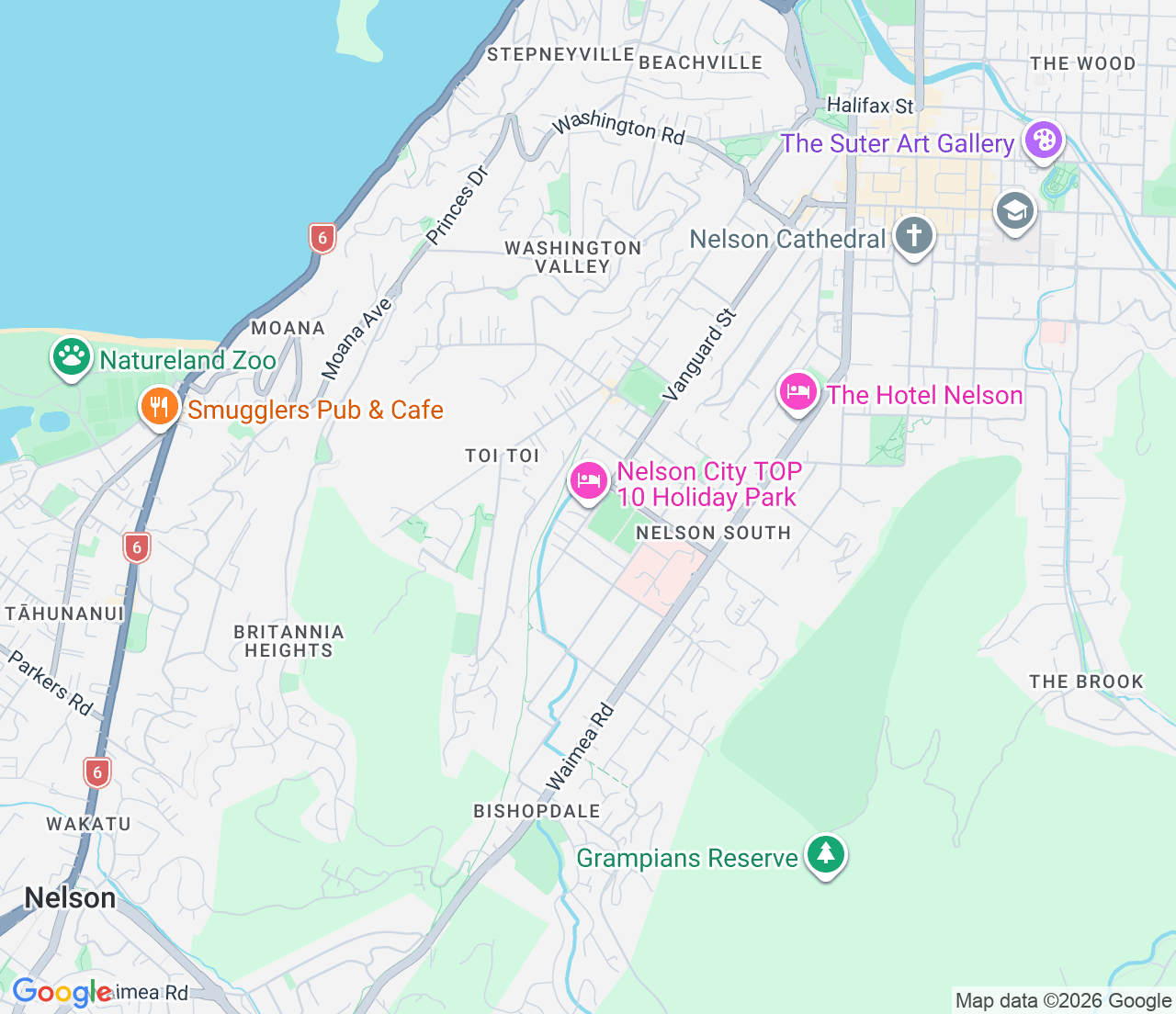 Map showing location of Nelson City TOP 10